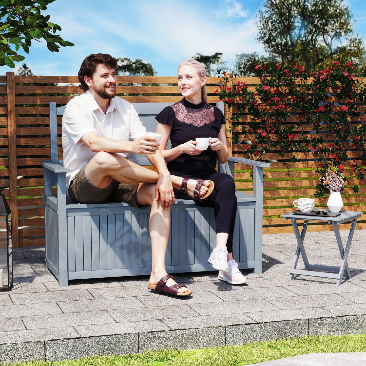 Outsunny Two-Seater Wooden Storage Bench - Grey