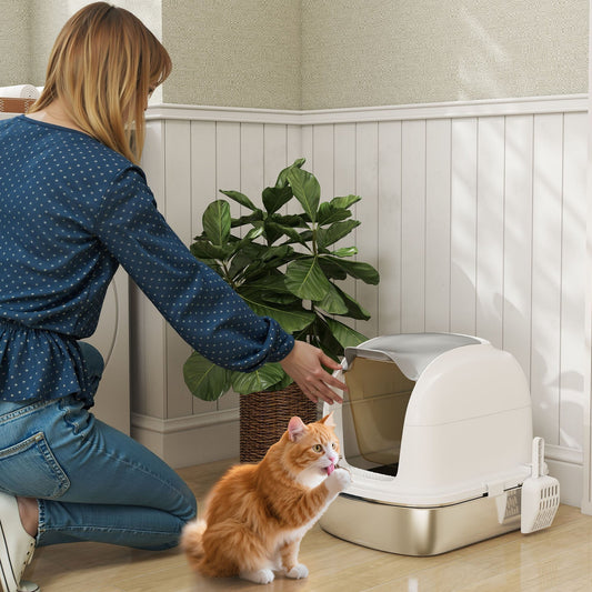 PawHut Stainless Steel Cat Litter Box with Lid, for Cats, Enclosed Cat Litter Box with Flip Cover, Scoop