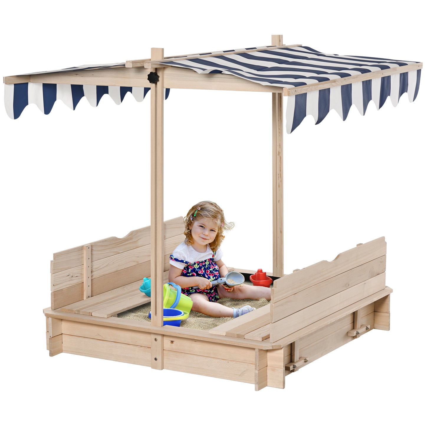 Outsunny Kids Drewniana piaskownica z pokrywkami Piaskownica dla dzieci Regulowana wysokość Baldachim do ogrodu, Ławka z funkcją rozkładania Zestaw do zabawy na podwórku, Baldachim w kolorze niebieskim i białym