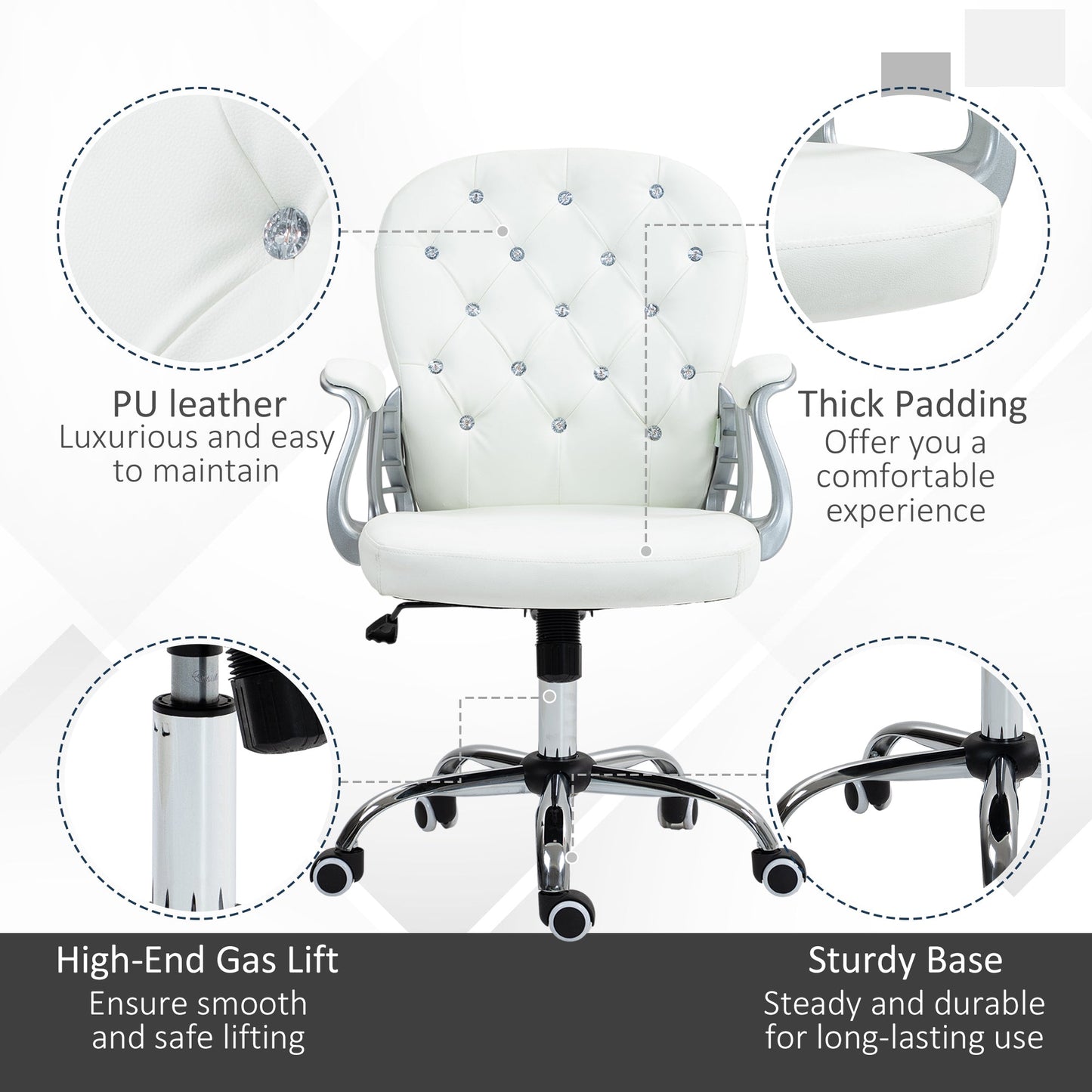 Vinsetto Office Chair Ergonomic 360 Swivel PU Diamante Padded Base 5 Castor Wheels for Home Work White