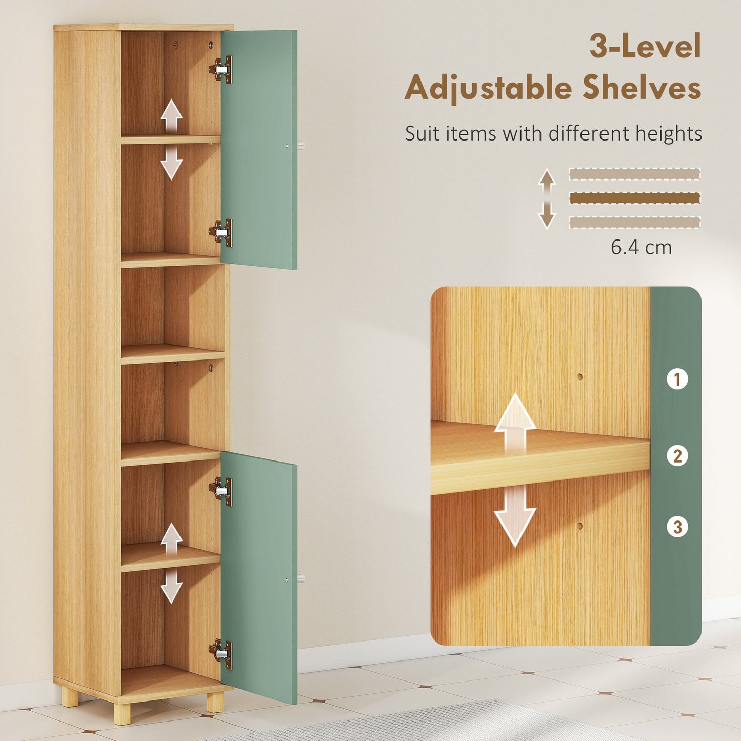 HOMCOM Bathroom Cabinet with Adjustable Shelves and Open Shelves - Green
