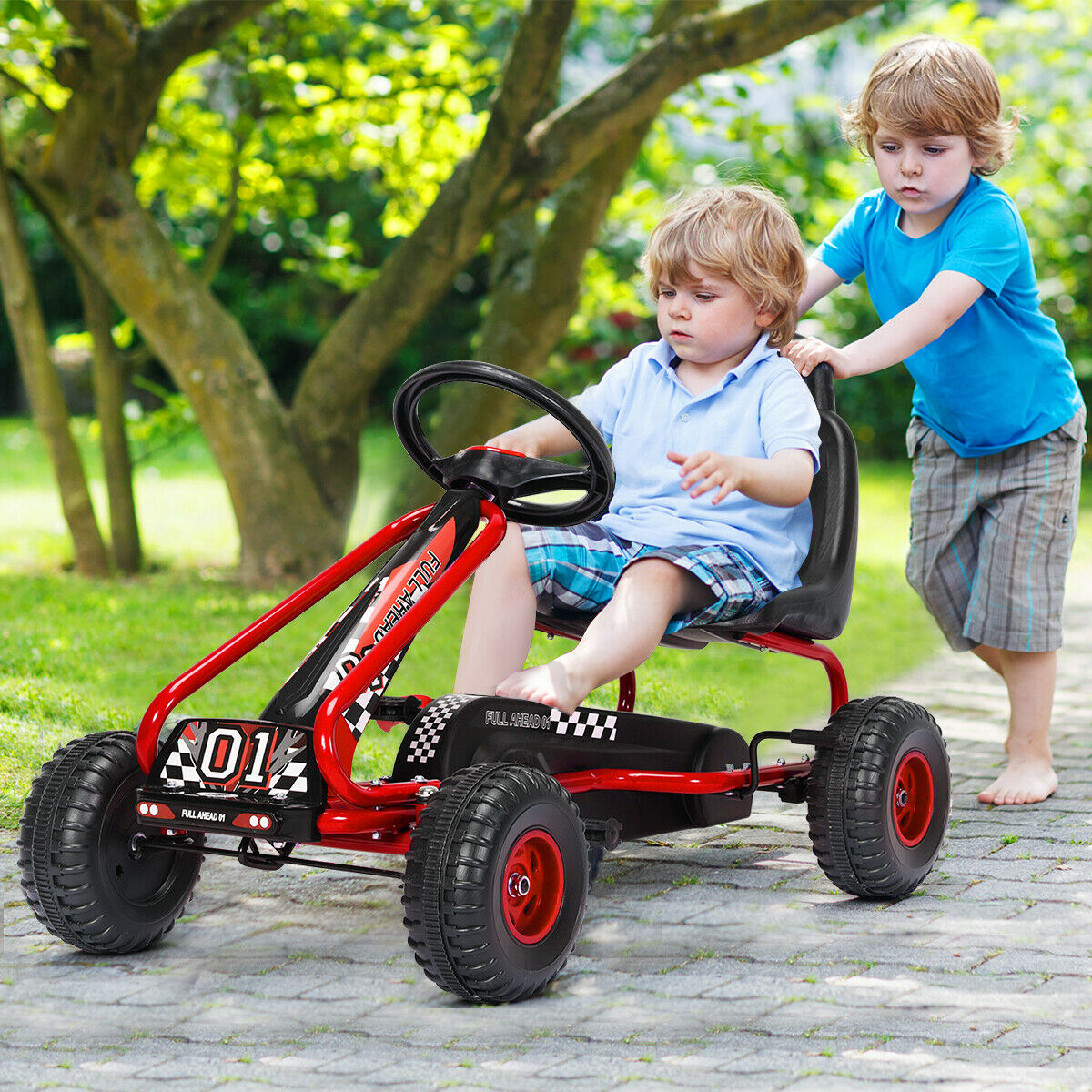 Adjustable Kids Pedal Go Cart Children Outdoor Ride On Racer with Plastic Wheels-Red