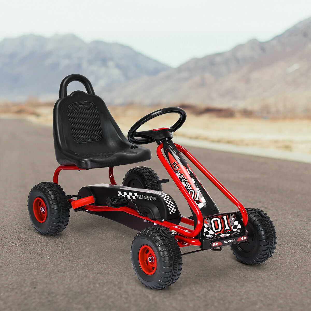 Adjustable Kids Pedal Go Cart Children Outdoor Ride On Racer with Plastic Wheels-Red