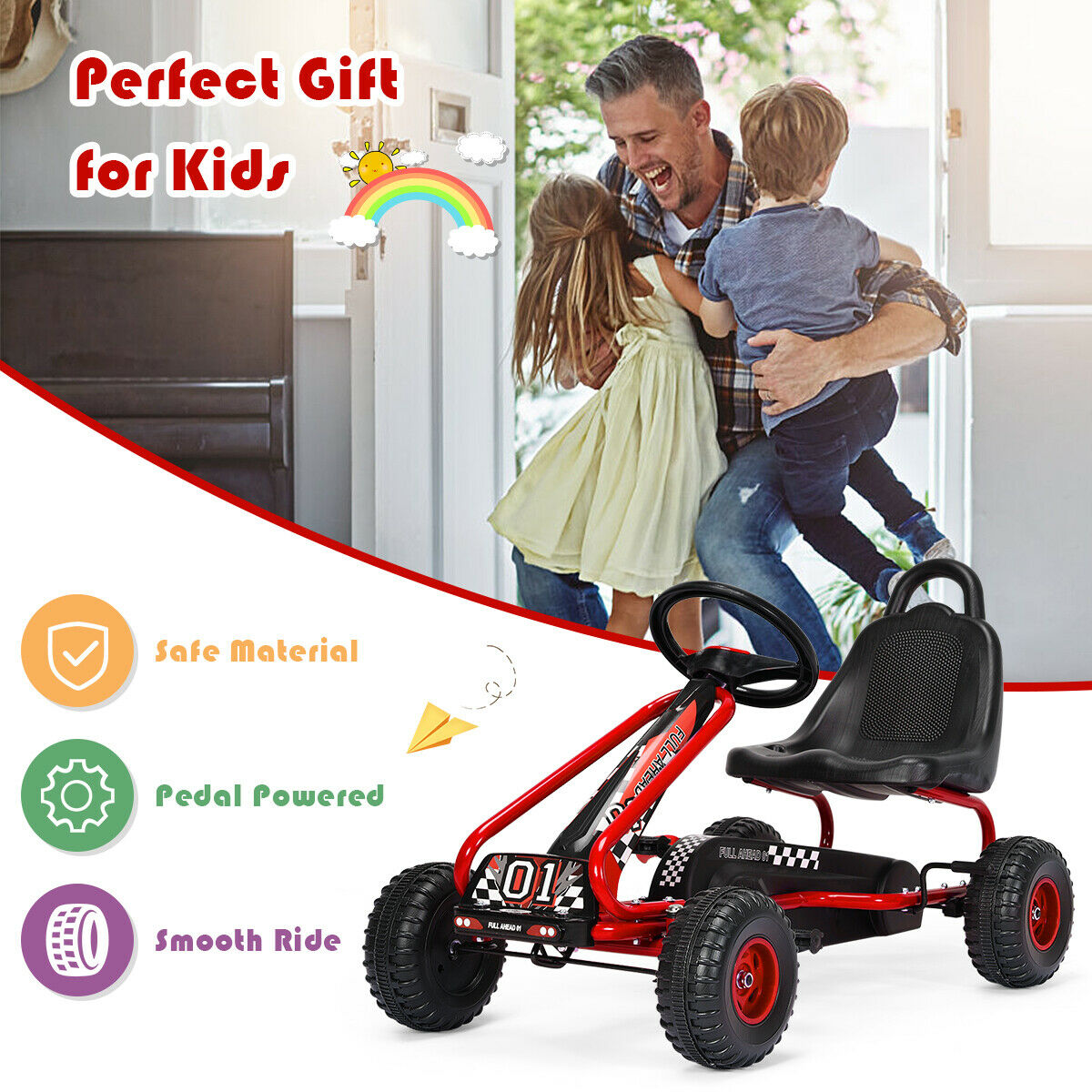 Adjustable Kids Pedal Go Cart Children Outdoor Ride On Racer with Plastic Wheels-Red