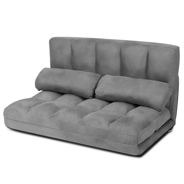2 in 1 Folding Lazy Sofa Bed with 6 Adjustable Seat Positions and 2 Pillows-Grey