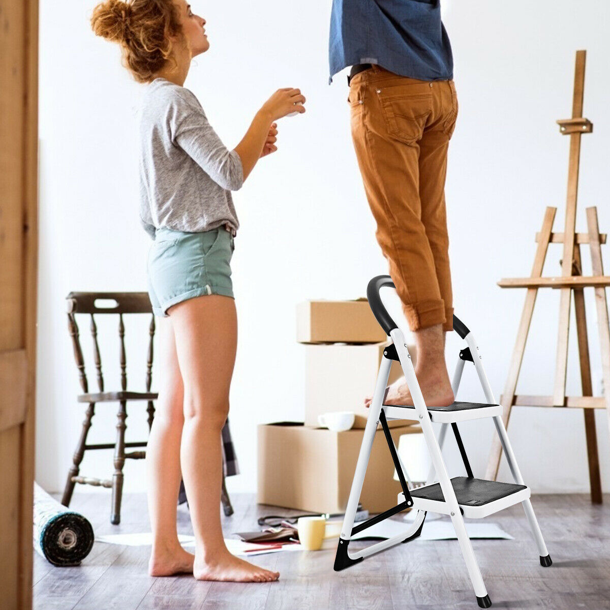 2 Step Household Ladder with Anti-Slip Platform and Lightweight Portable Design for Home/Garden