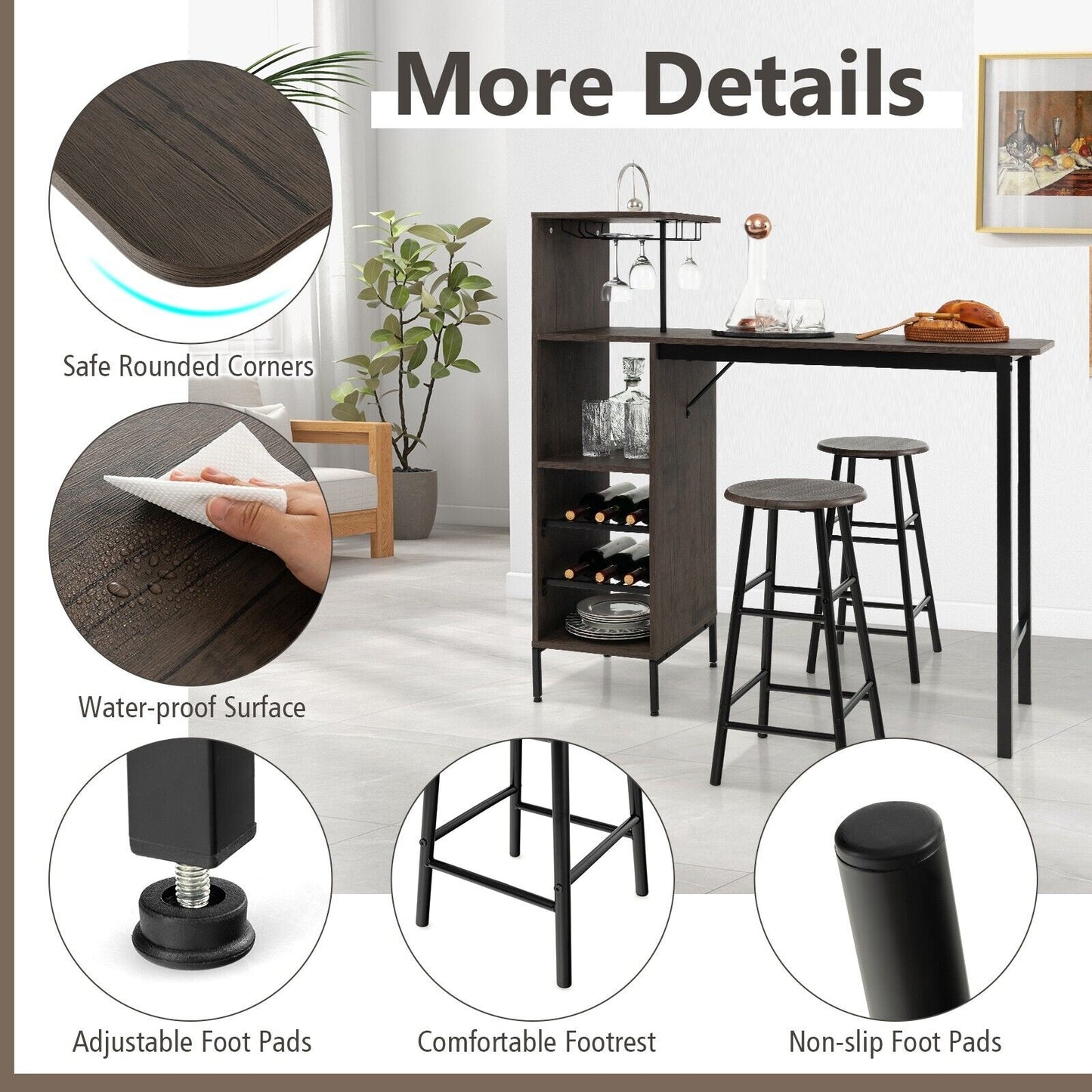 Counter Height Dining Table Set for Bistro Living Room-Brown