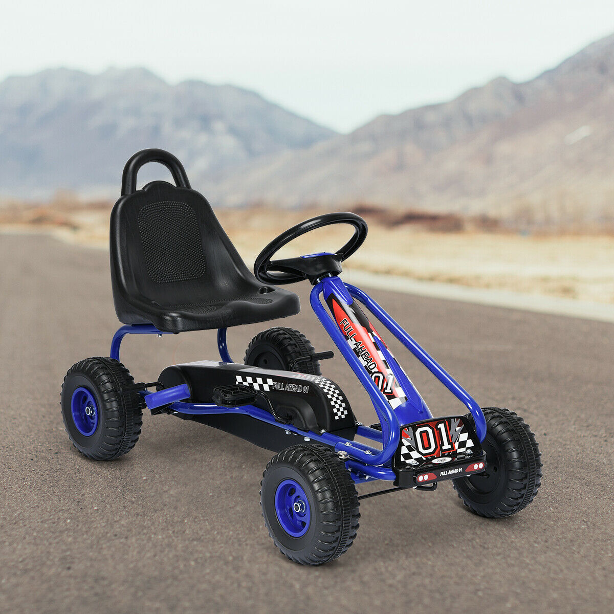 Adjustable Kids Pedal Go Cart Children Outdoor Ride On Racer with Plastic Wheels-Blue