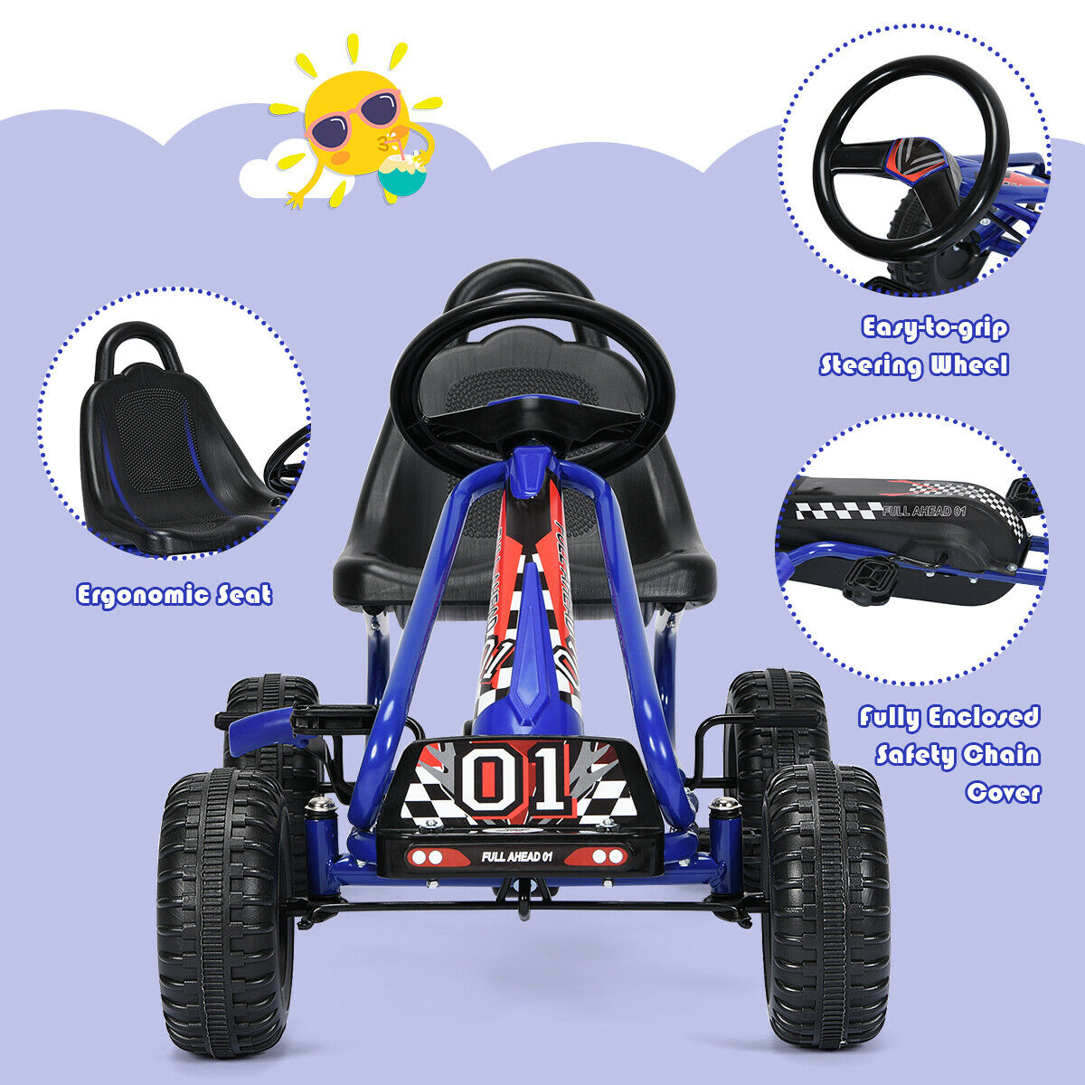 Adjustable Kids Pedal Go Cart Children Outdoor Ride On Racer with Plastic Wheels-Blue