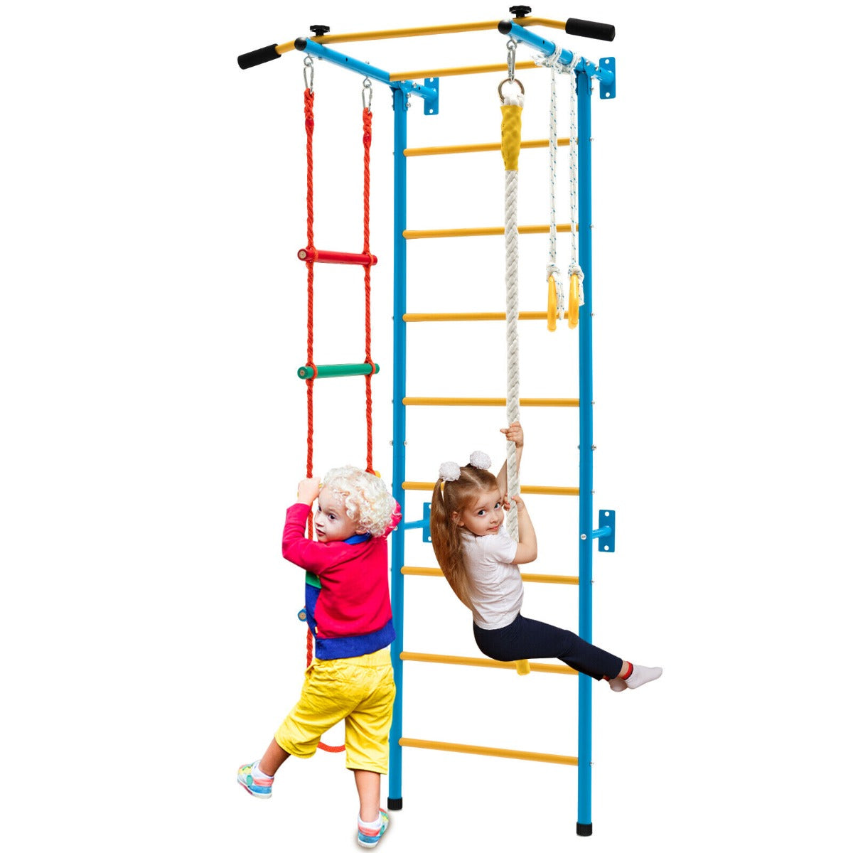 Swedish Ladder Set with Climbing Frame Pull-up Bar Ropes and Rings-Yellow & Blue