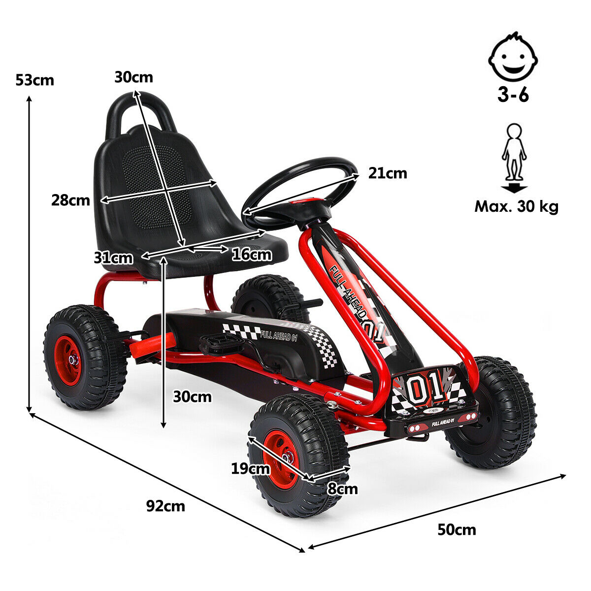 Adjustable Kids Pedal Go Cart Children Outdoor Ride On Racer with Plastic Wheels-Red