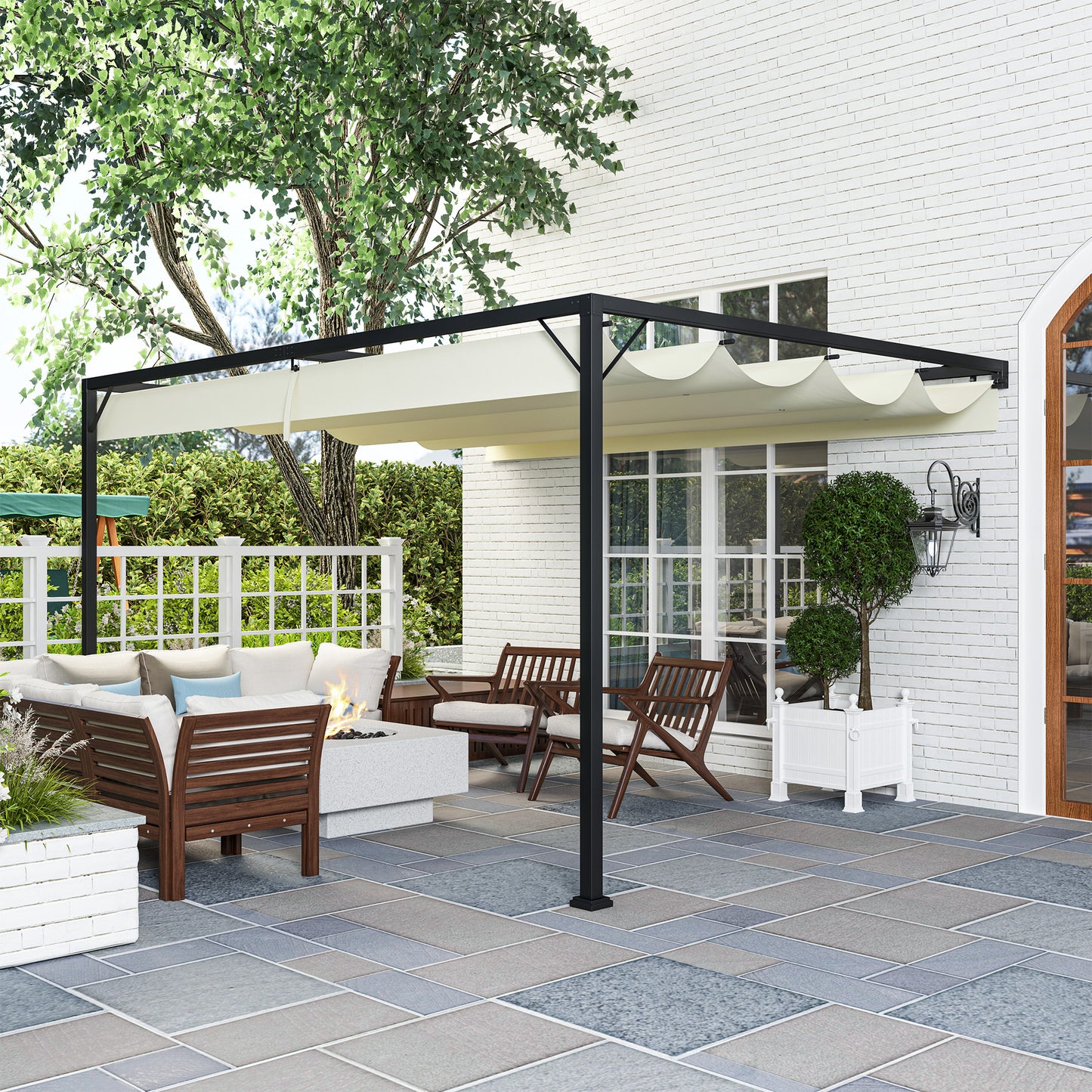 Outsunny 4 x 3(m) Pergola zewnętrzna z chowanym baldachimem, montowana na ścianie, zadaszenie tarasu, osłona przeciwsłoneczna, kremowo-biała