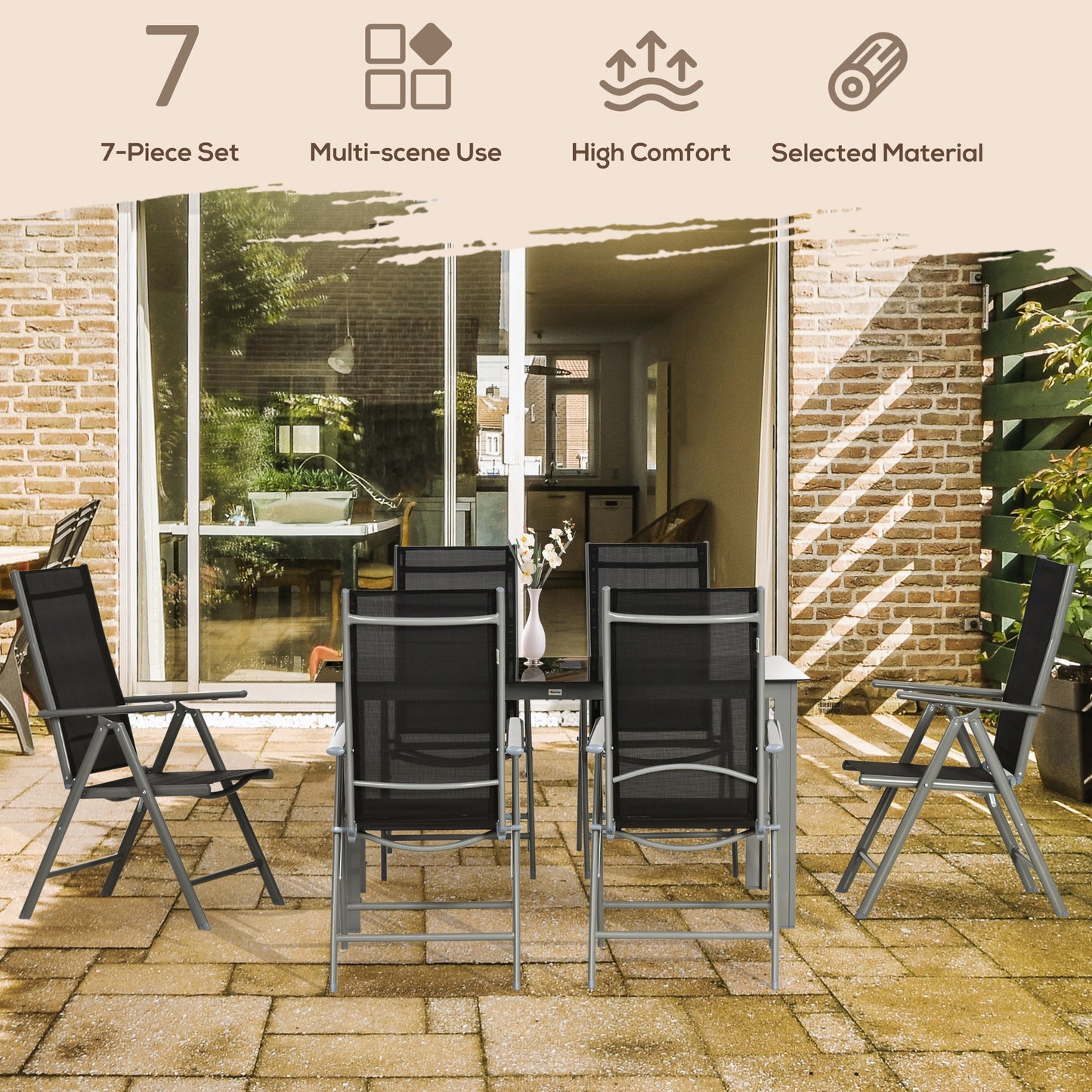 Outsunny 7-częściowy zestaw ogrodowy, stół ogrodowy i 6 składanych i rozkładanych krzeseł, aluminiowa rama, stół z blatem ze szkła hartowanego, siedziska Texteline, czarny