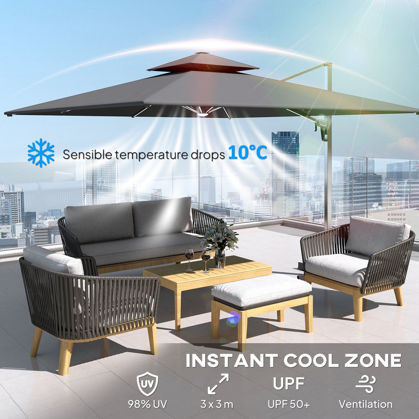 Outsunny 3(m) Parasol ogrodowy z wysięgnikiem i lampami LED zasilanymi energią słoneczną, podstawa krzyżowa, obrót 360√Ǭ∞, korba i pochylenie, szary