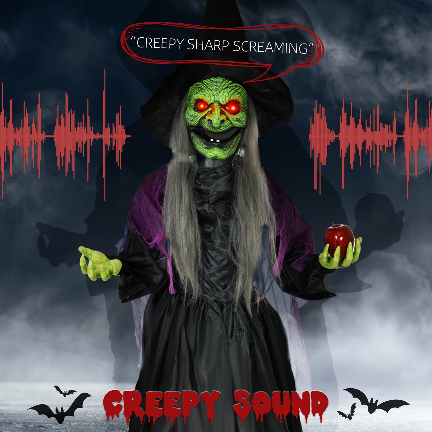 HOMCOM 180 cm Life Size Halloween Animated Standing Witch, Spooky Witch with Glowing LED Eyes, Battery Operated