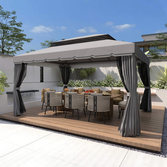 Outsunny 3 x 4m Aluminium Garden Gazebo, Marquee Canopy Shelter Pavilion Party Tent with Nets and Curtains for Garden and Deck, Dark Grey