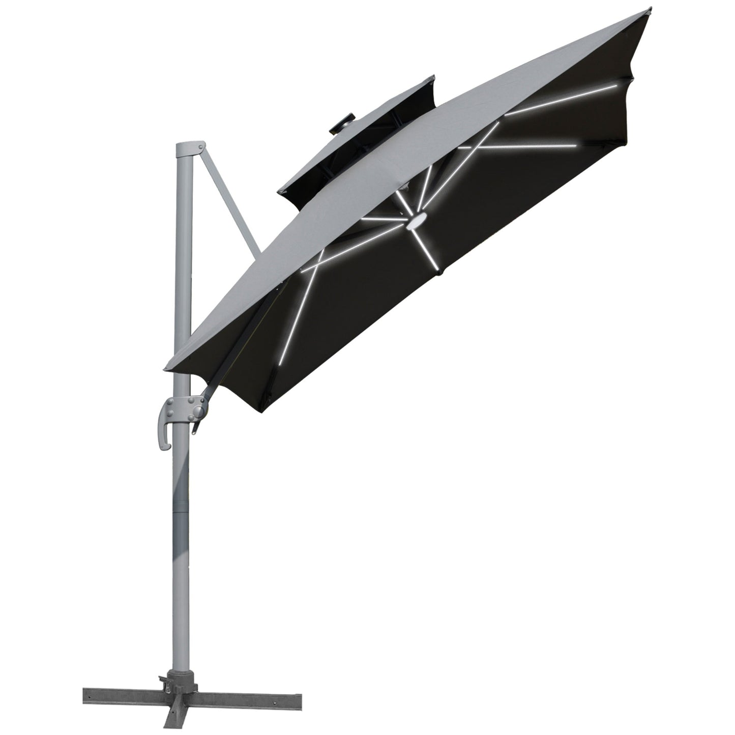 Parasol ogrodowy Outsunny 3 m Cantilever, z bocznym mocowaniem, z oświetleniem LED zasilanym energią słoneczną, z uchwytem odchylanym i korbą, z podstawą krzyżową, do stosowania na trawniku, plaży i przy basenie, w kolorze szarym