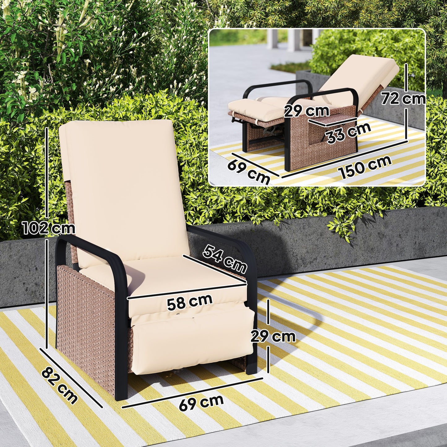 Outsunny 140√Ǭ∞ Fotel rattanowy rozkładany - brązowy/khaki