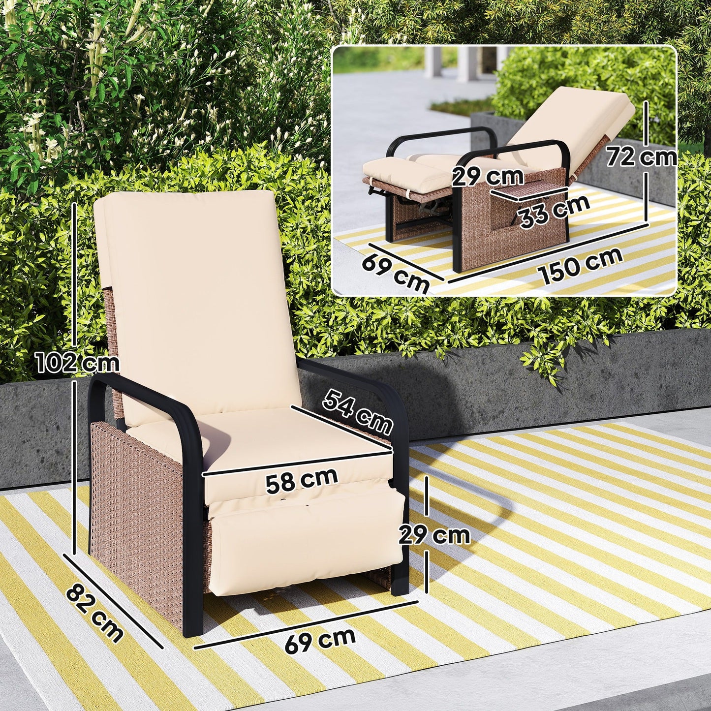 Outsunny 140 Reclining Rattan Armchair - Brown/Khaki