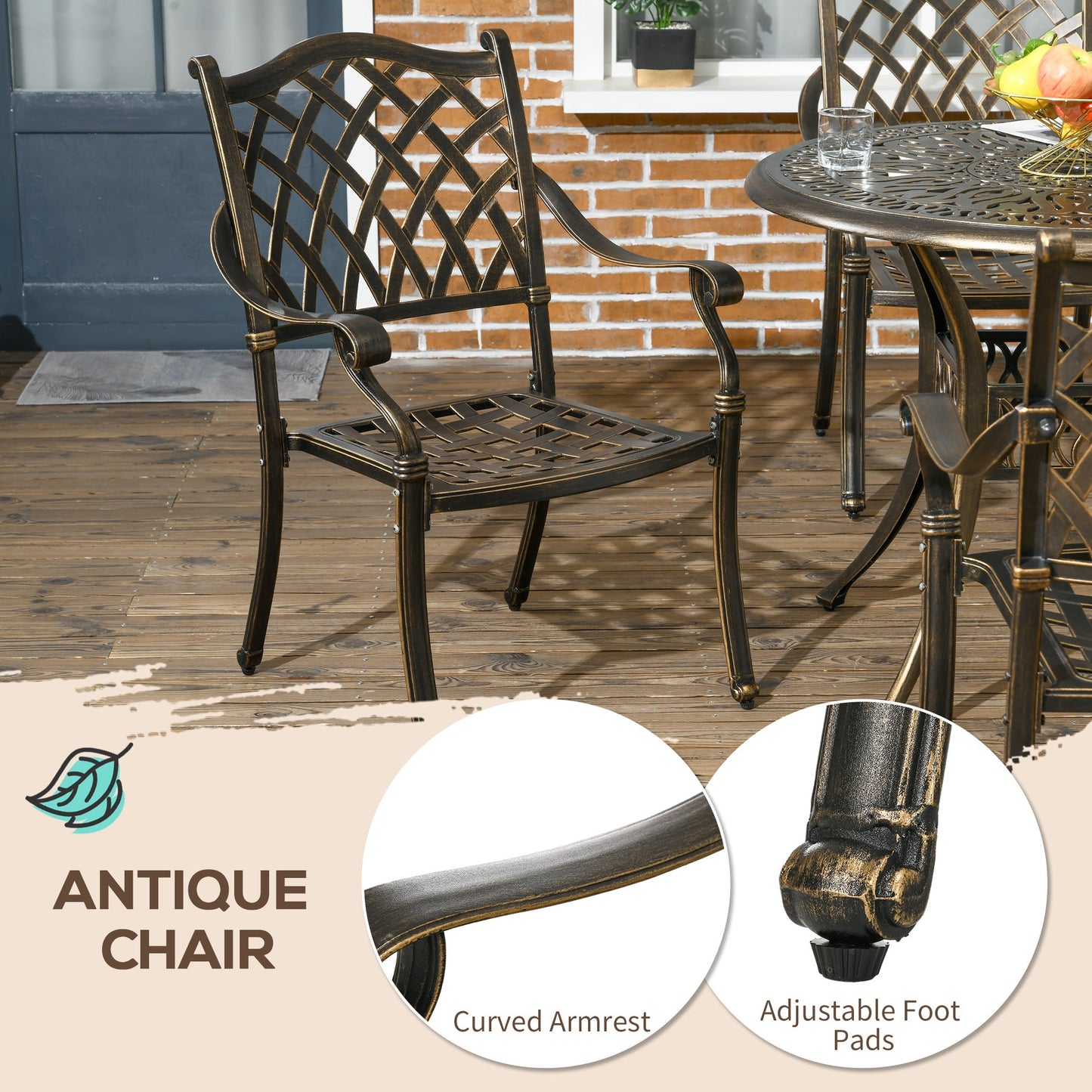 Outsunny 5-Piece Outdoor Furniture Dining Set, Cast Aluminum Conversation Set Includes 4 Chairs and â90cm Round Table with â50mm Umbrella Hole for Patio Garden Deck, Flower Design