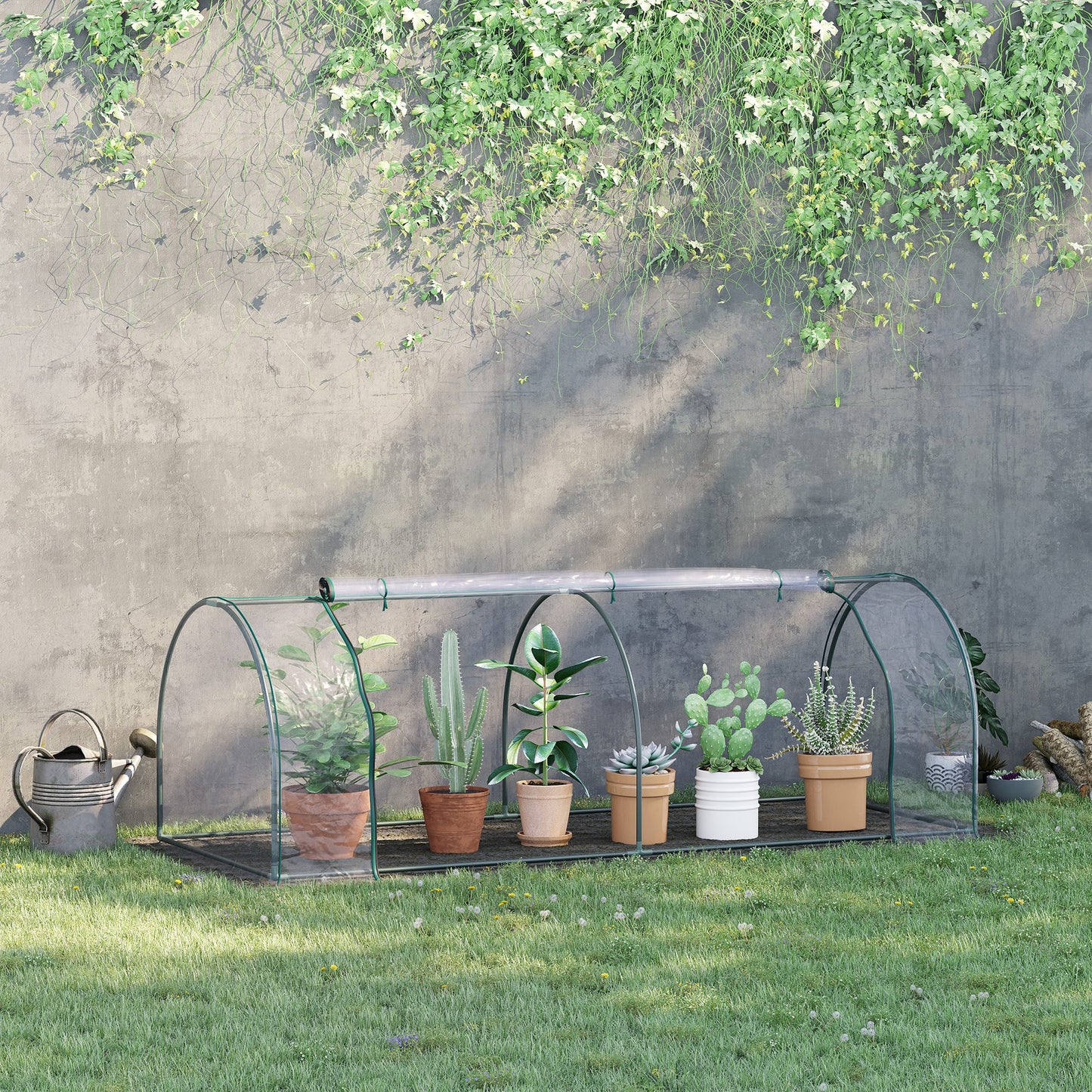 Outsunny Mini Greenhouse, mała szklarnia tunelowa z polietylenu z drzwiami na suwak, stalowa rama do ogrodu na patio, 250 x 100 x 80 cm, przezroczysta