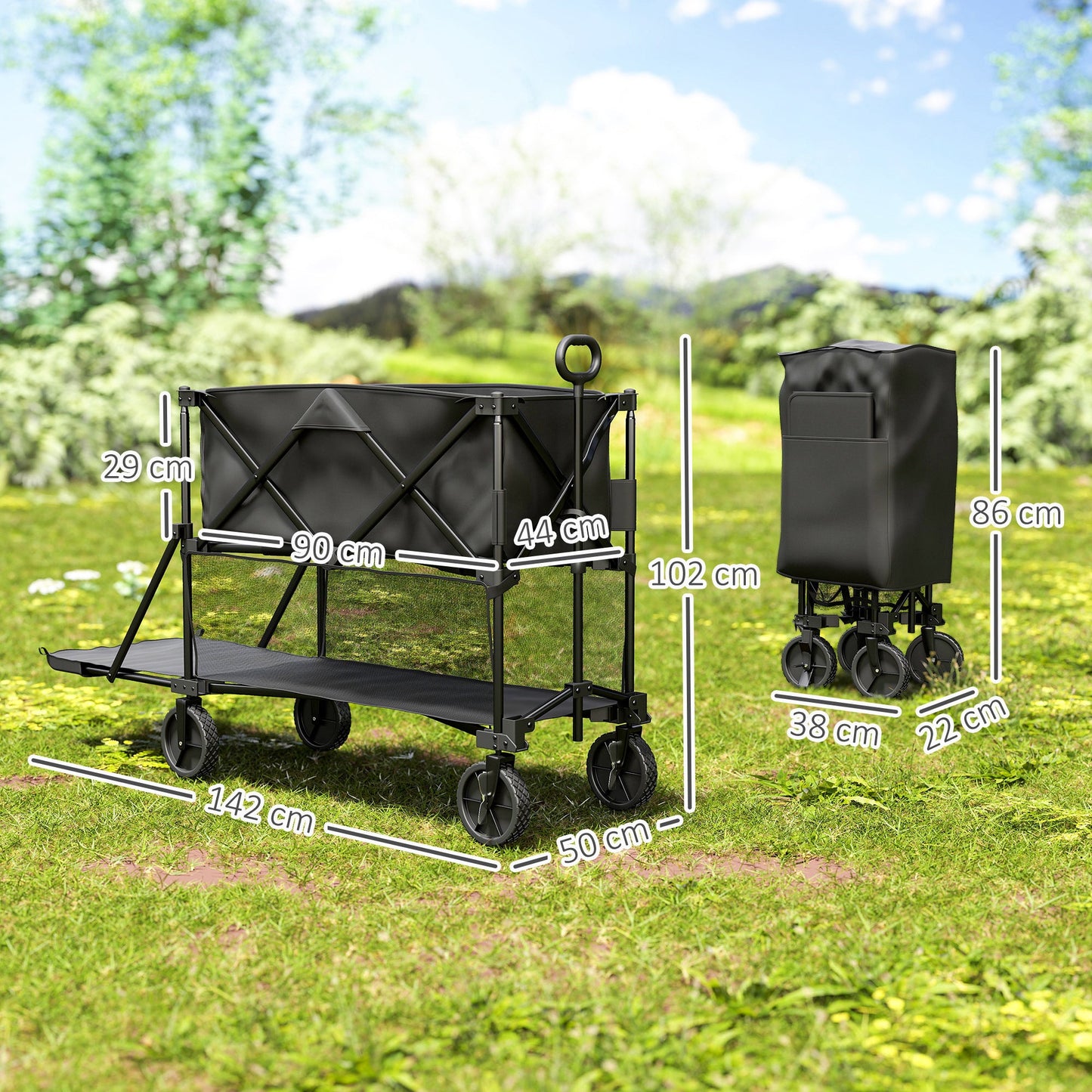 Wózek na kółkach Outsunny Double Decker, składany, 200 kg i 350 l, rozkładany wózek festiwalowy z przedłużeniem o 134 cm, idealny na kemping, sport, zakupy, do ogrodu i na plażę, czarny