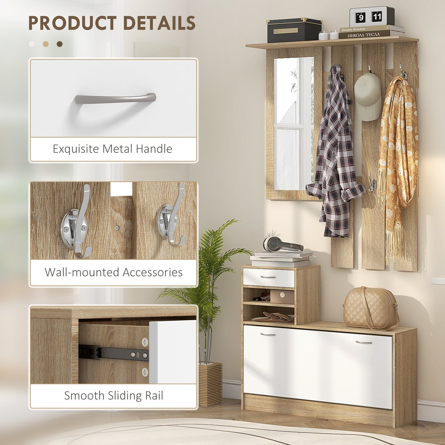 HOMCOM Three-in-One Hallway Storage Set - Natural Wood Finish/White