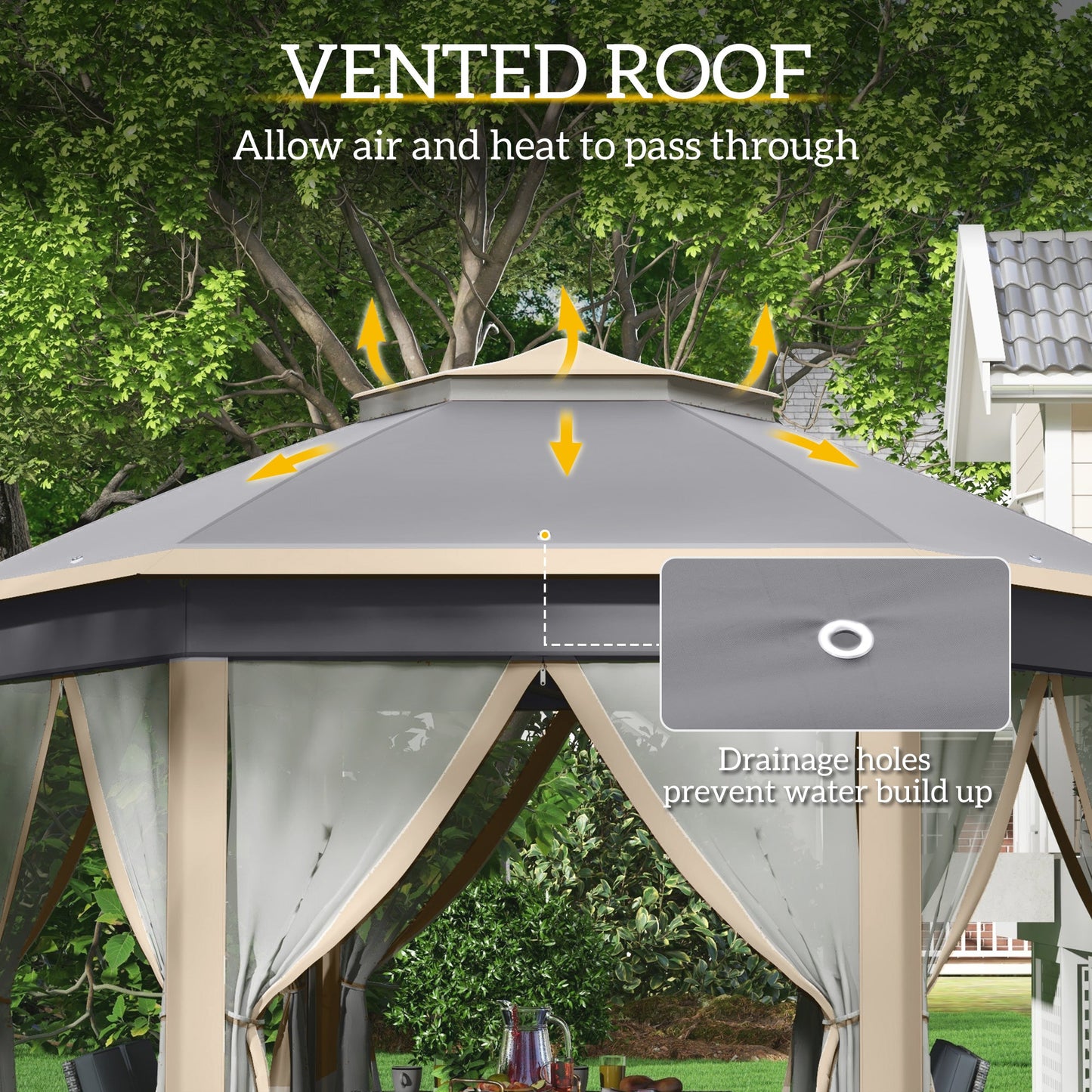 Outsunny Hexagon Pop Up Altana Zewnętrzna Altana Patio Podwójny Dach Natychmiastowe Schronienie z Siatką, 3 x 4 m, Khaki