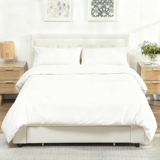 HOMCOM Double Ottoman Bed Frame, with Front Drawer - Cream