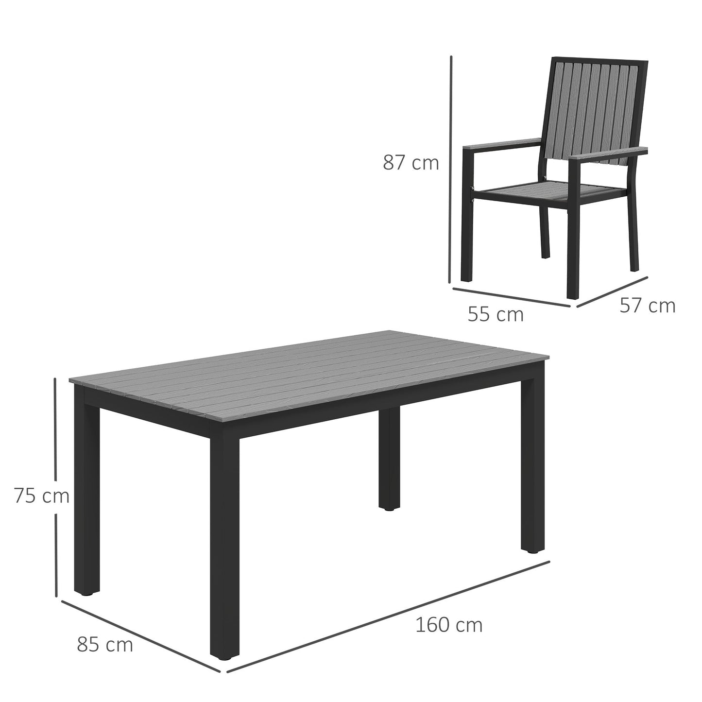 Zestaw mebli ogrodowych Outsunny dla 6 osób z krzesłami składanymi, aluminiową ramą i prostokątnym blatem z tworzywa sztucznego, stół i krzesła ogrodowe na patio, balkon, przy basenie, szary