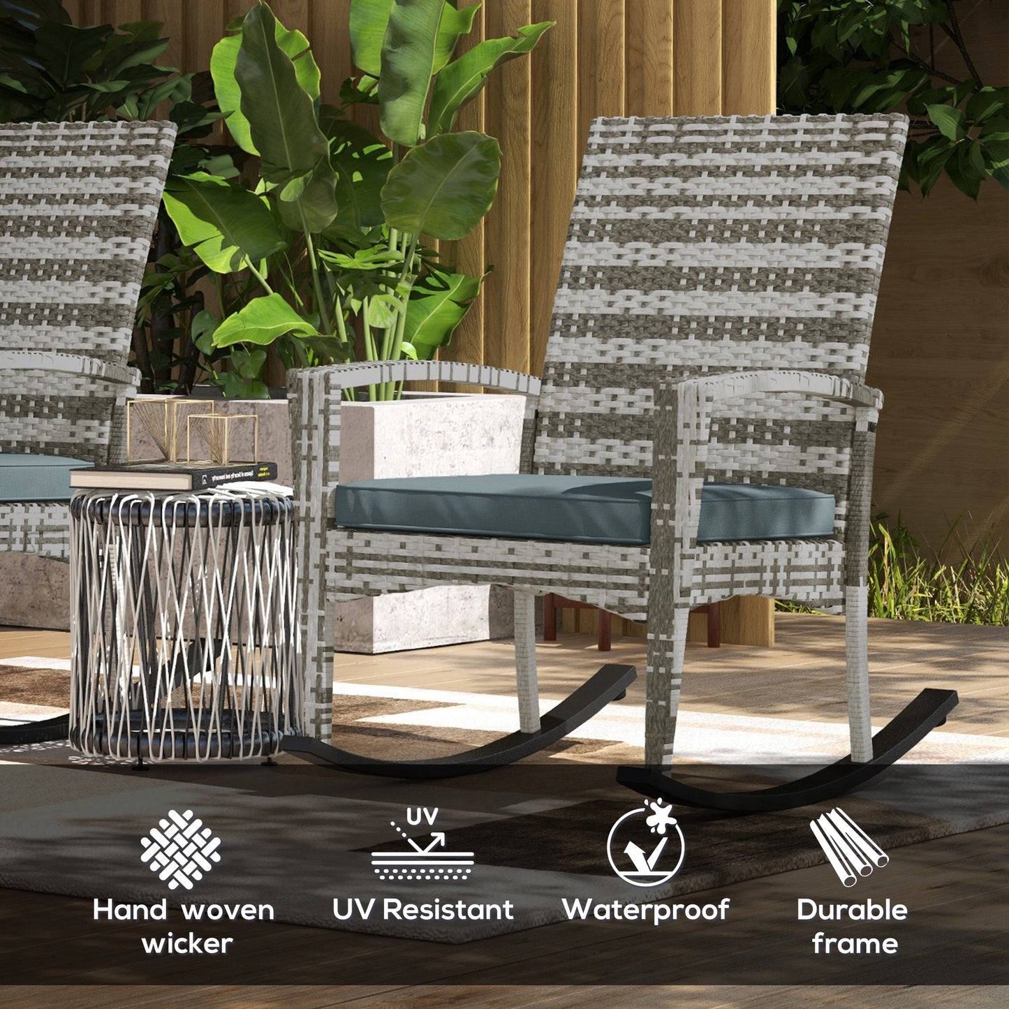 Outsunny Outdoor PE Rattan Rocking Chair Set of 2, Zestaw ogrodowych bujanych krzeseł z podłokietnikiem i poduszką, jasnoszary