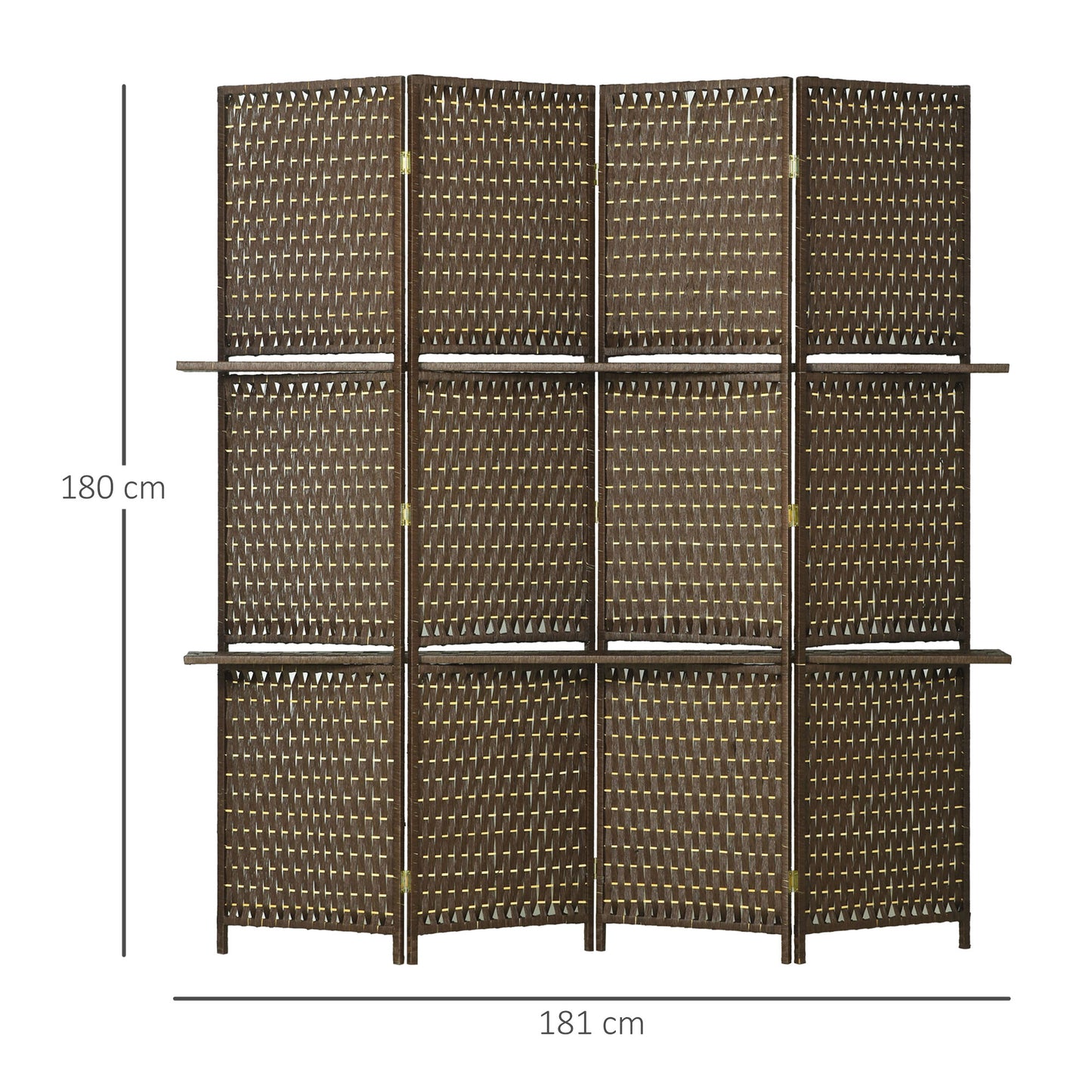 HOMCOM 4-Panel Room Dividers with Shelves, Wave Fibre Freestanding Folding Privacy Screen Panels, Partition Wall Divider for Indoor Bedroom Office, 180Â cm, Brown