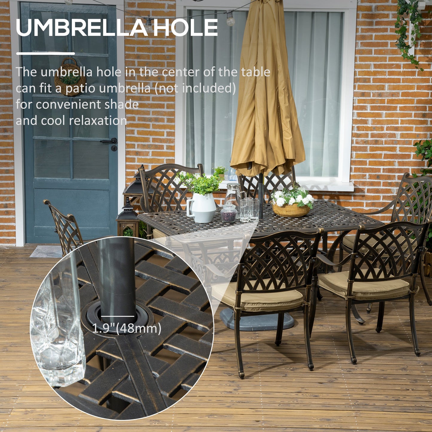 Zestaw mebli ogrodowych Outsunny 7 elementów z otworem na parasol, odlew aluminiowy z sześcioma krzesłami z poduszkami i prostokątnym stołem jadalnym, do ogrodu, na trawnik, taras, w odcieniu brązu