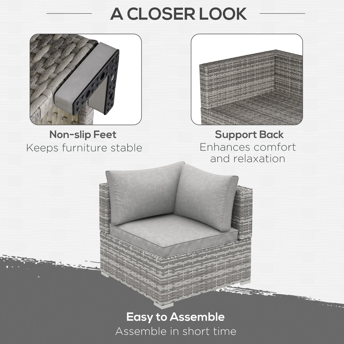 Sofa narożna Outsunny Outdoor PE Rattan, sofa ogrodowa z wikliny, pojedynczy fotel z poduszkami, jasnoszary