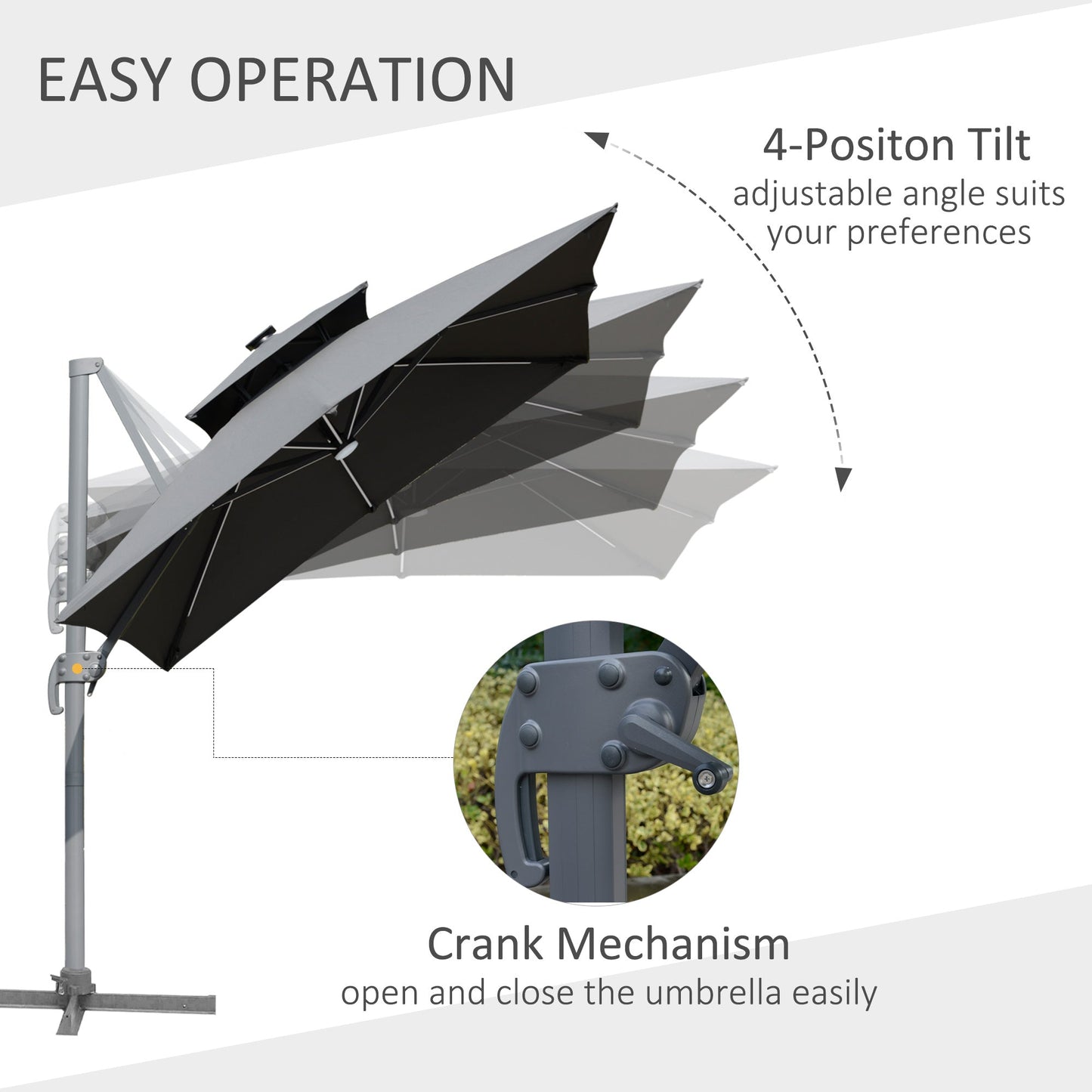 Parasol ogrodowy Outsunny 3 m Cantilever, z bocznym mocowaniem, z oświetleniem LED zasilanym energią słoneczną, z uchwytem odchylanym i korbą, z podstawą krzyżową, do stosowania na trawniku, plaży i przy basenie, w kolorze szarym