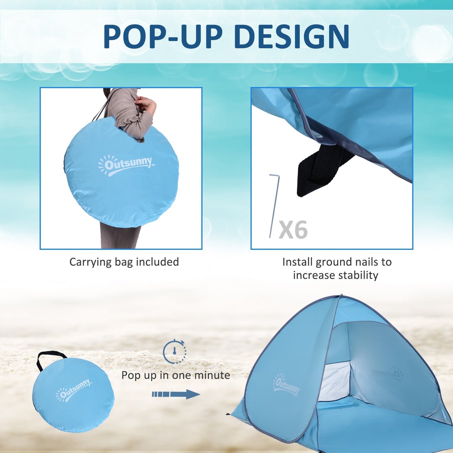 Outsunny 2-3 osobowy namiot plażowy typu pop-up, turystyczny, z ochroną UV 30+, osłona przeciwsłoneczna na patio (niebieski)