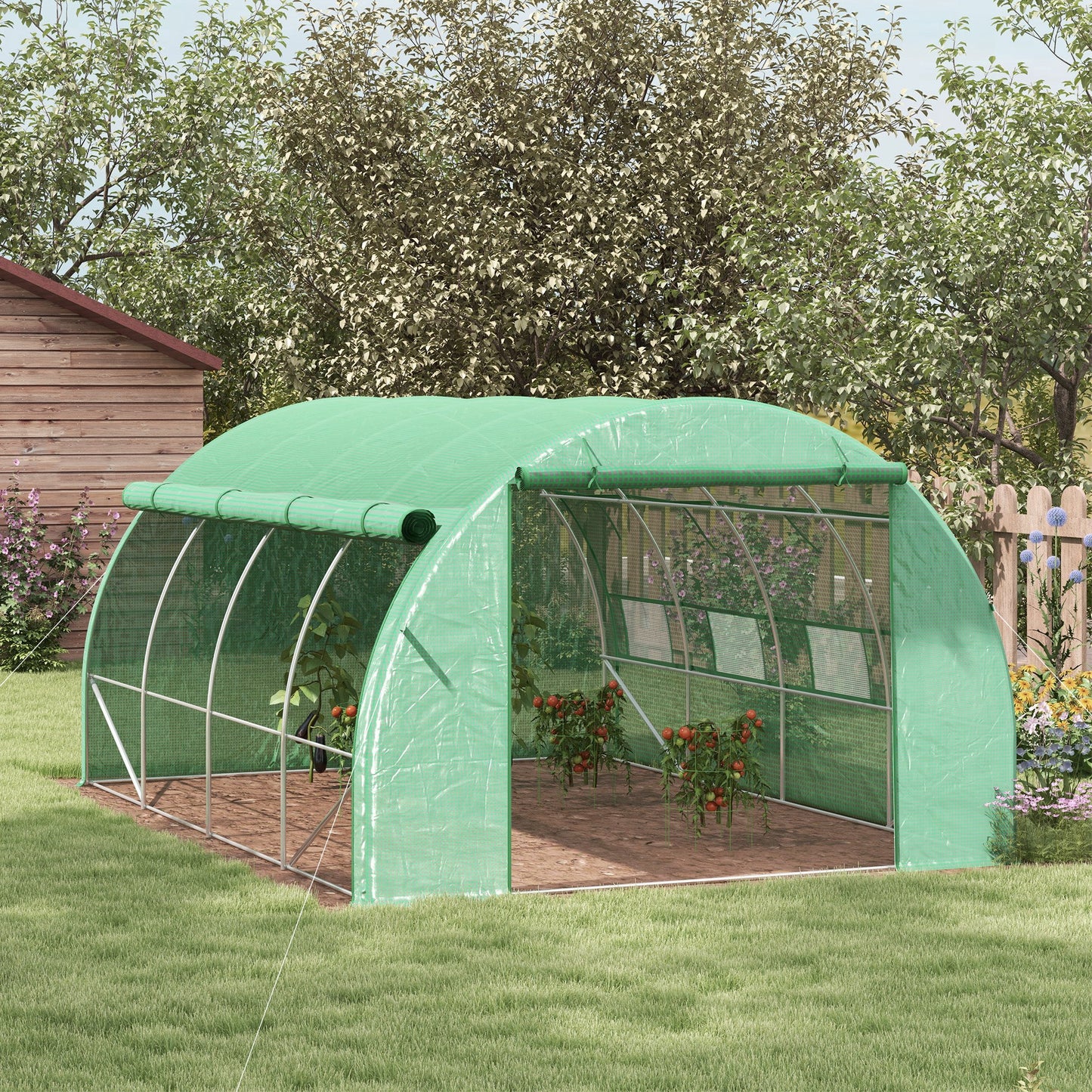 Outsunny Polytunnel Greenhouse Walk-in Grow House Tent z rolowanymi ścianami bocznymi, drzwiami zamykanymi na zamek błyskawiczny i 8 oknami, 4x3x2m, zielony