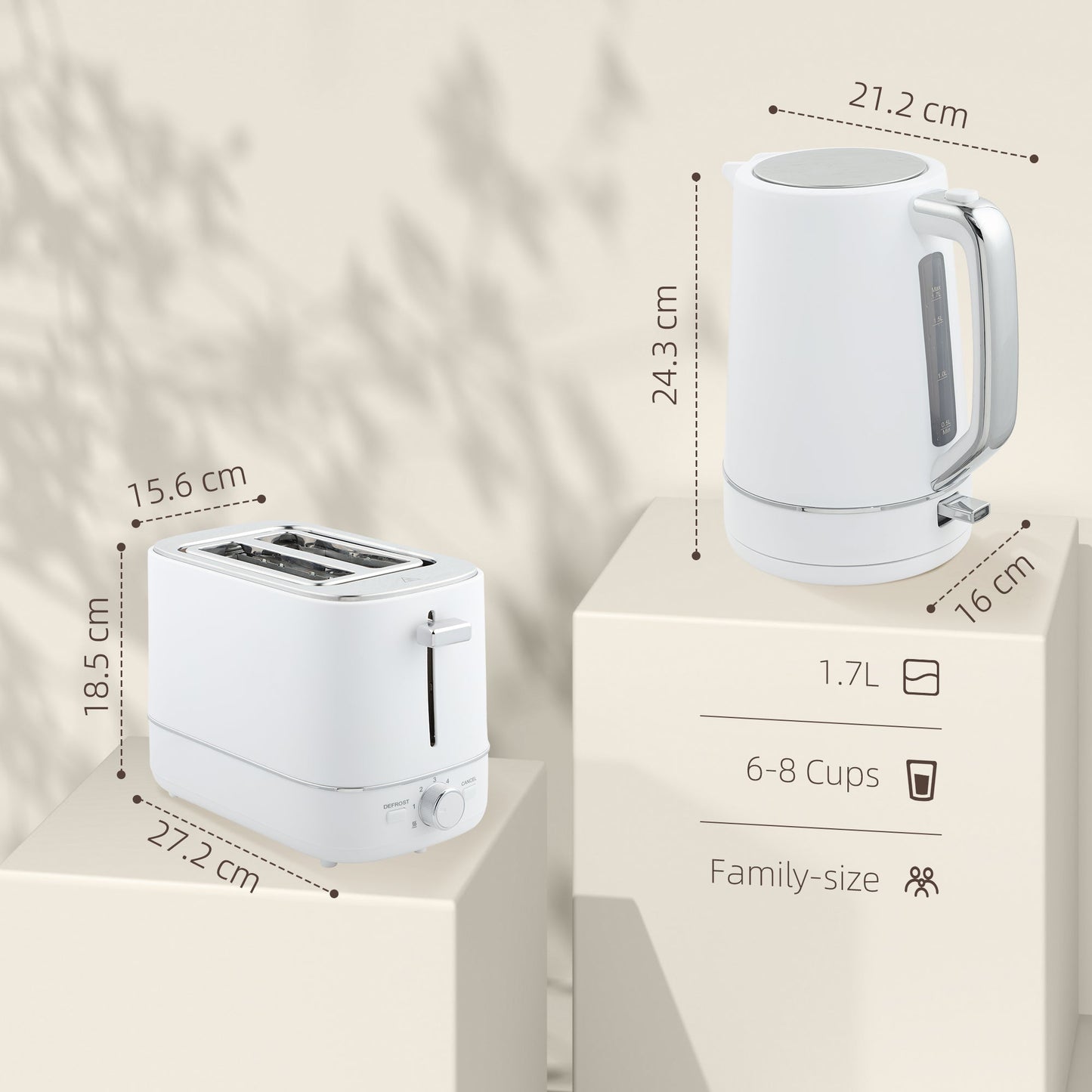 Zestaw czajnika i tostera HOMCOM, czajnik 1,7 l 3000 W do szybkiego gotowania i toster na 2 kromki, zestaw kuchenny z 6 poziomami sterowania, rozmrażaniem, podgrzewaniem, biały
