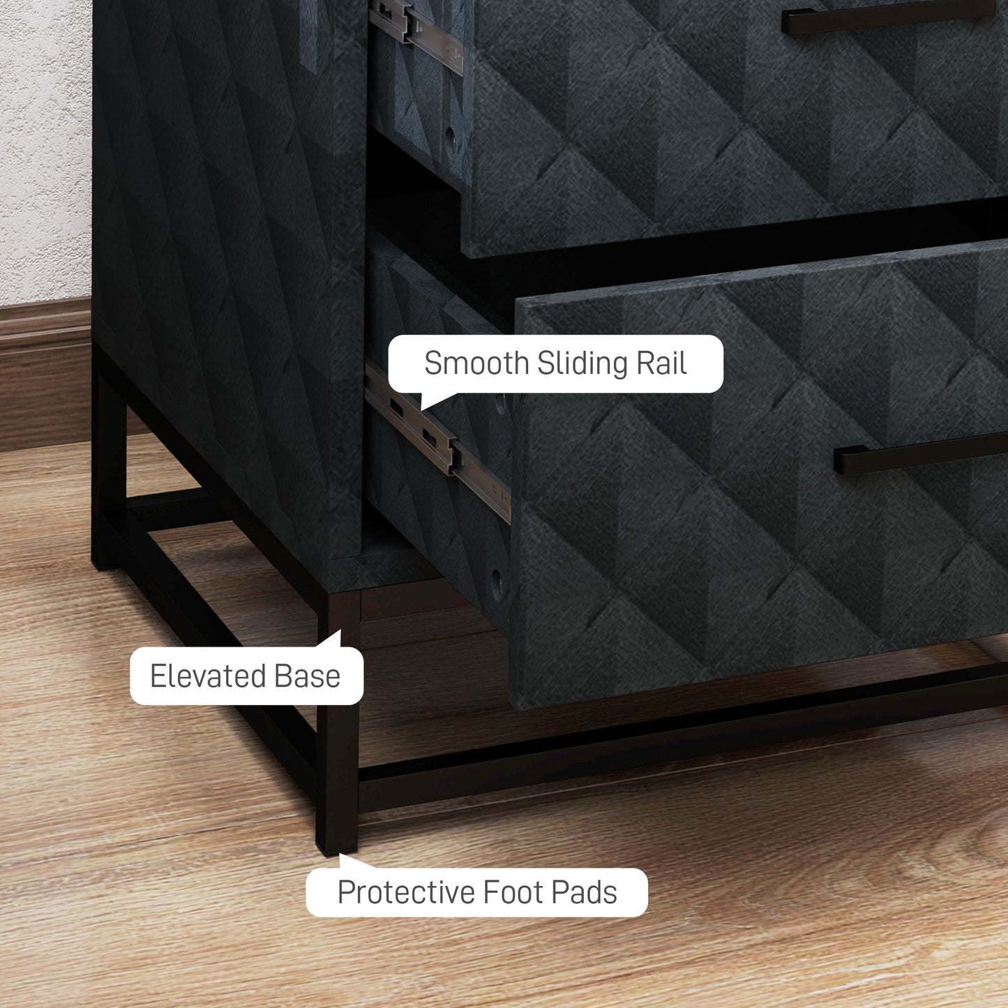HOMCOM Bedside Tables Set of 2, Modern Bedside Table Nightstand with 2 Drawers, Bedside Cabinet Sofa Side Table with Storage, Steel Legs for Bedroom, Living Room, Black