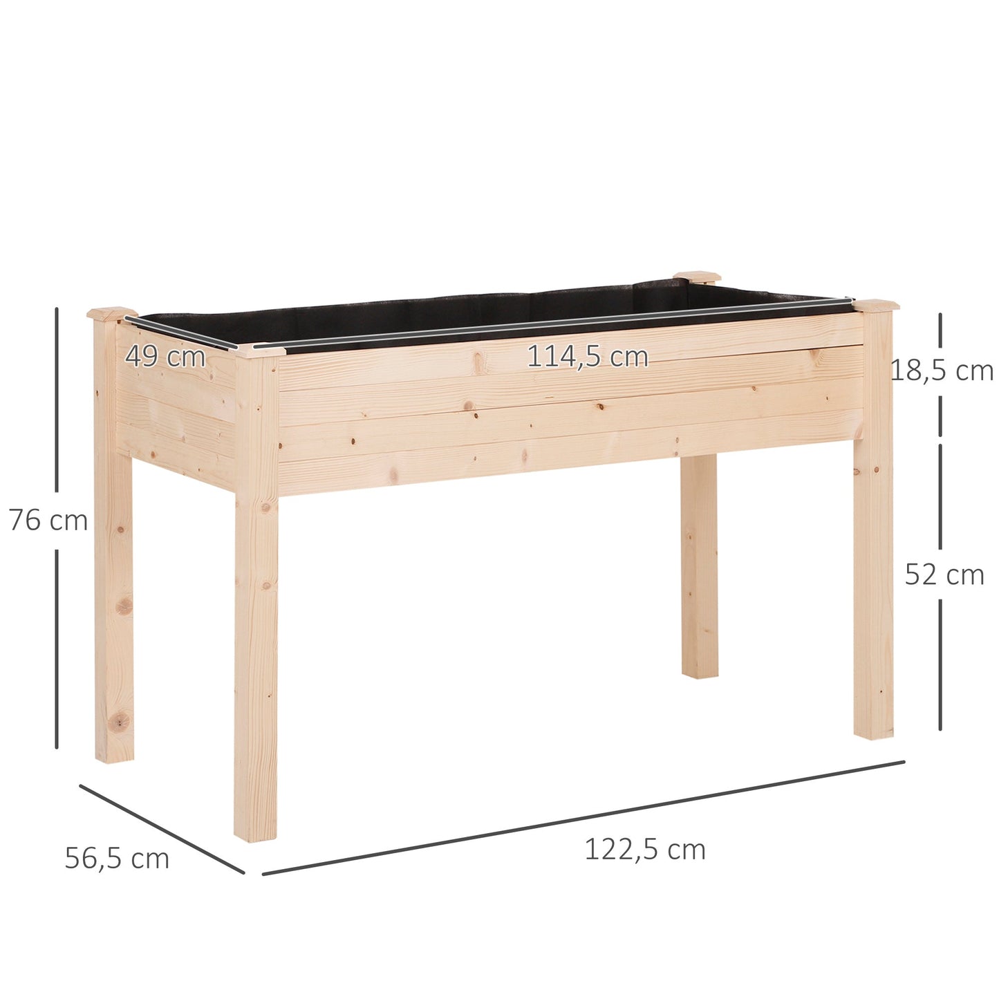 Outsunny Garden Wooden Planters_ Non-Woven Fabric, Rectangular Raised Bed,Fir Wood_Indoor/Outdoor, 122.5Lx56.5Wx76H cm