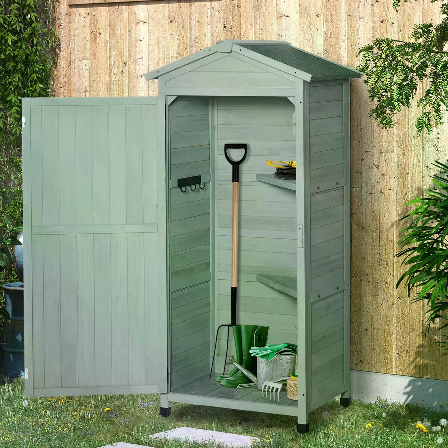 Outsunny Wooden Garden Shed, Outdoor Storage Cabinet with 2 Shelves and Hooks, Locking Organiser Outdoor Narrow Tool House, 74x55x155cm, Green