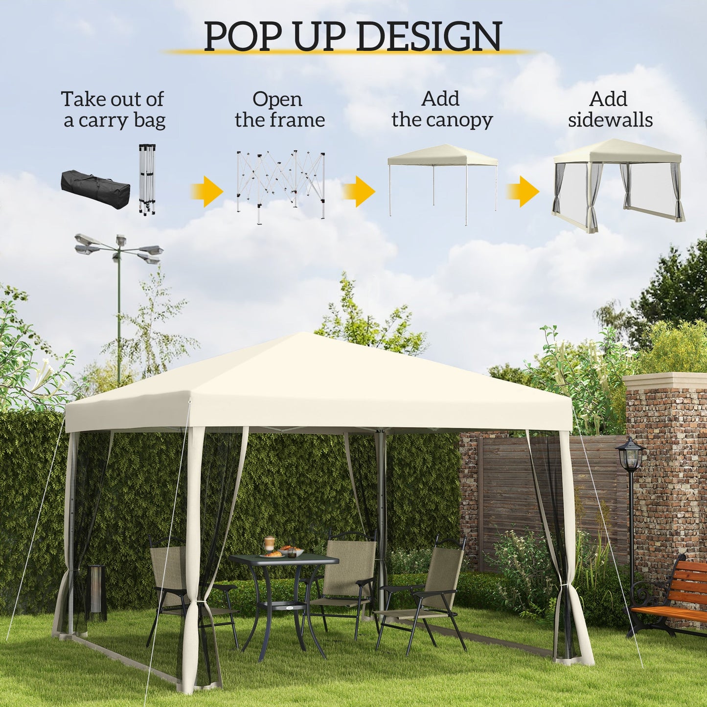 Outsunny 3 x 3(m) Pop Up Gazebo z 4 siatkowymi bokami i torbą transportową, namiot imprezowy z regulowaną wysokością, przenośny ogród na zewnątrz