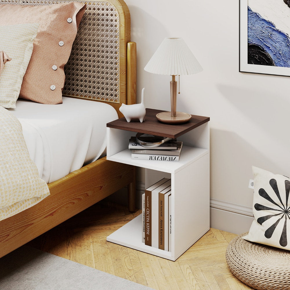 S-Shaped Side Table for Small Space with 2 Open Compartments-Walnut