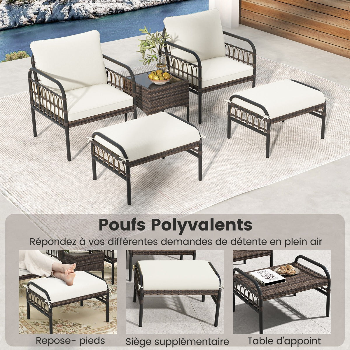 5 pcs. Rattan chair set with ottoman & side table & cushions garden chair patio chair
