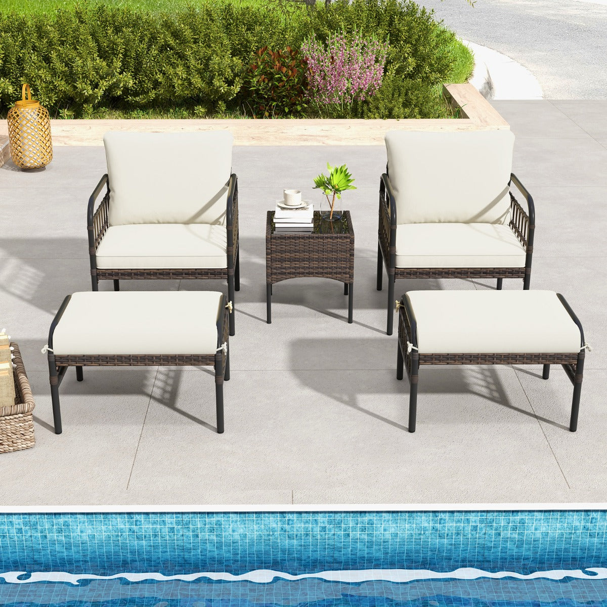 5 pcs. Rattan chair set with ottoman & side table & cushions garden chair patio chair