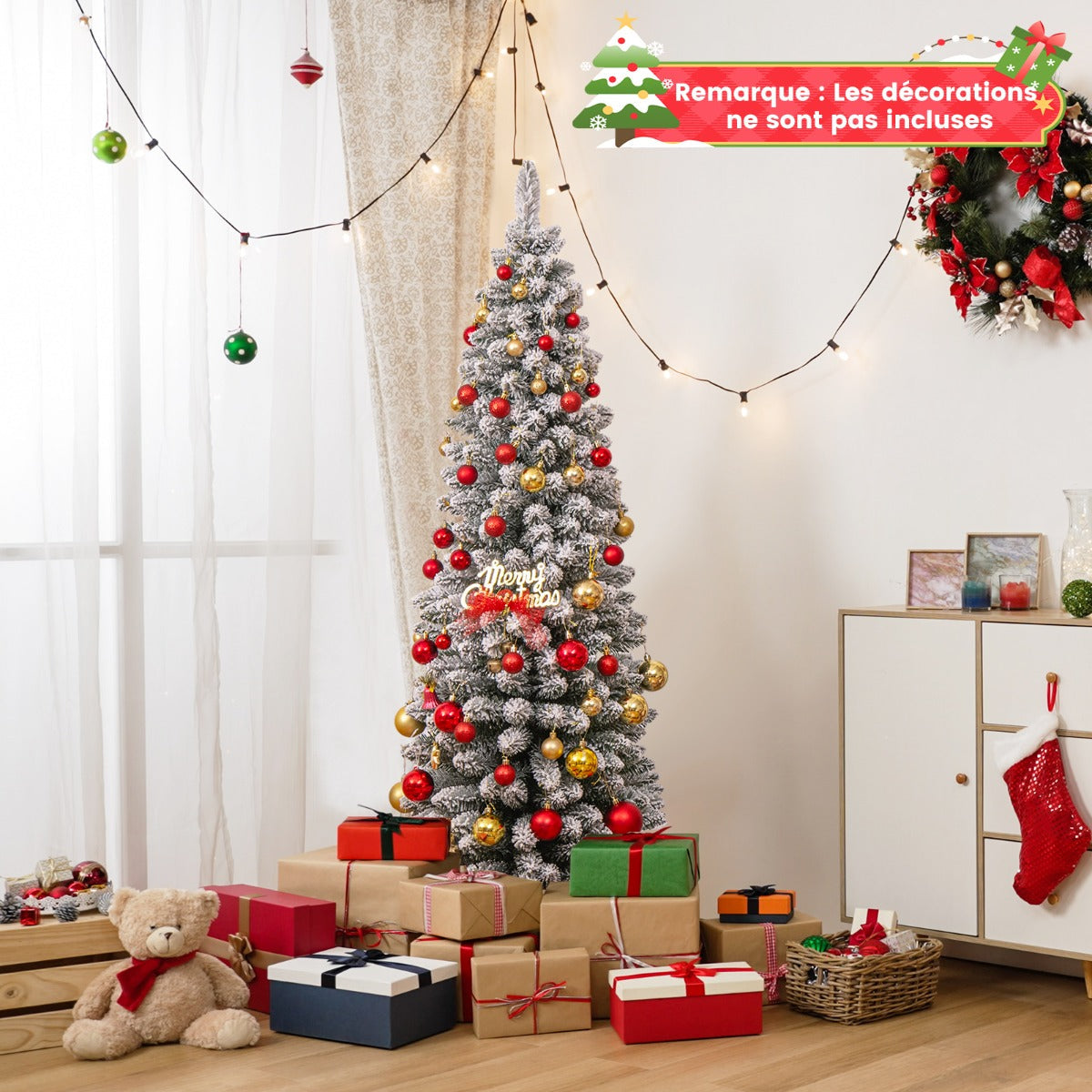 120/150/180 CM Snow Flocked Artificial Christmas Tree with 240/328/460 Branch Tips-1.5 M
