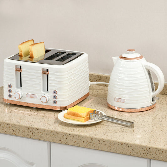 HOMCOM Kettle and Toaster Sets, 3000W 1.7L Rapid Boil Kettle & 4 Slice Toaster with 7 Browning Controls, Defrost, Reheat and Crumb Tray, UK Otter thermostat, Cream White