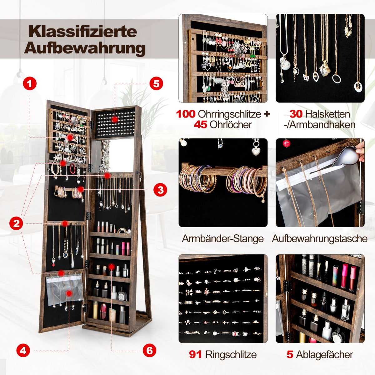 Standing Lockable Jewelry Storage Organizer with Full-Length Mirror-Brown