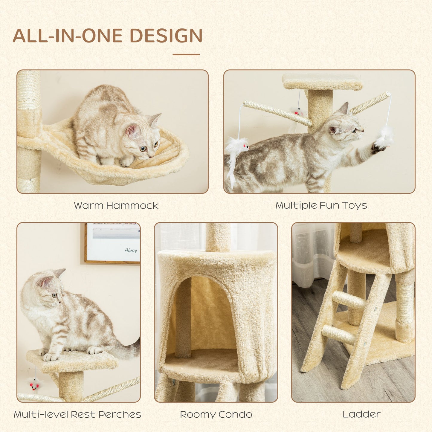 PawHut Cat Tree for Indoor Cats 135cm Kitten Tower Scratching Post Kitty Scratcher Climbing Tower with Ladder, Beige