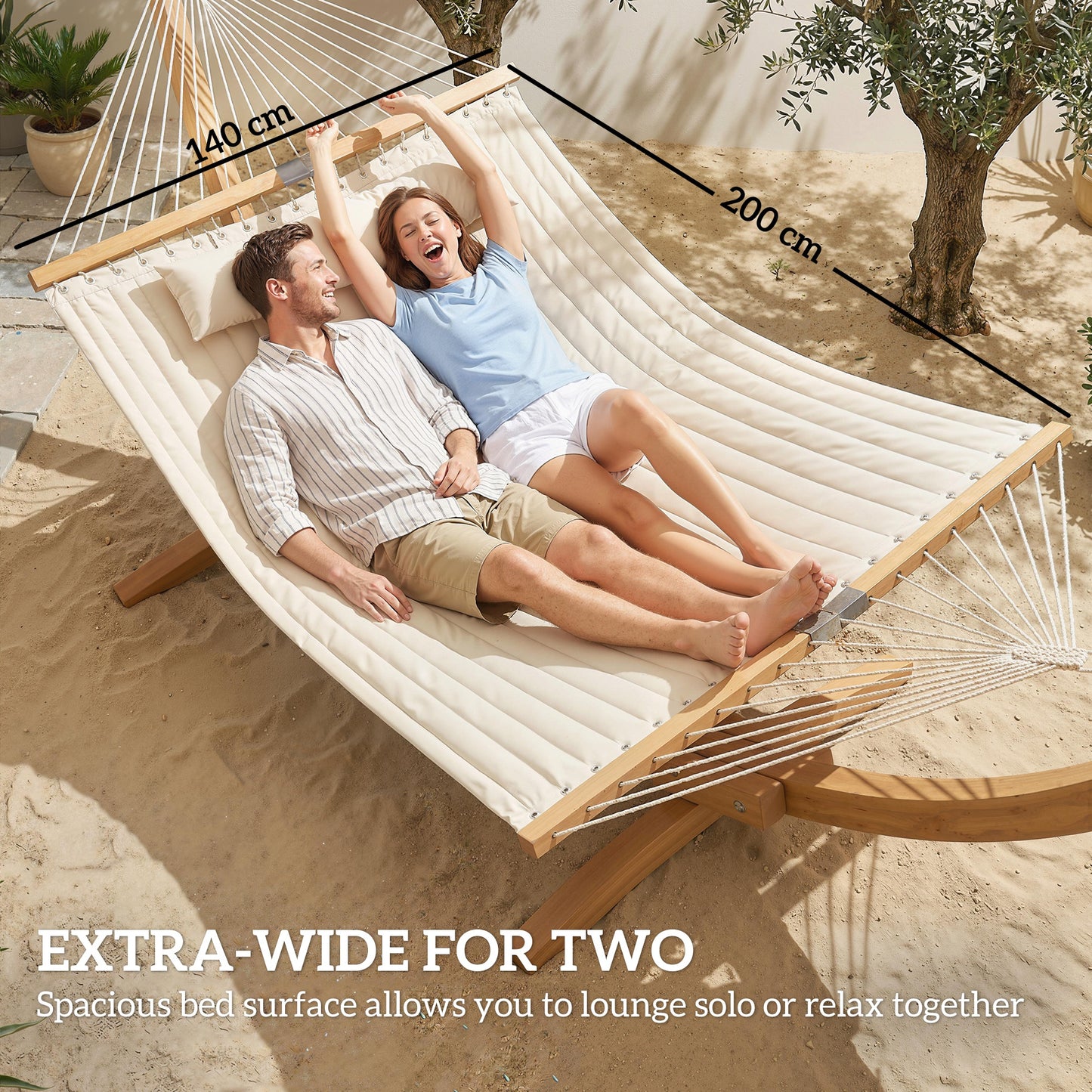 Outsunny Double Hammock 2 Person Swing Bed with Spreader Bars, Pillows, Pad, 200 x 140cm, Cream White